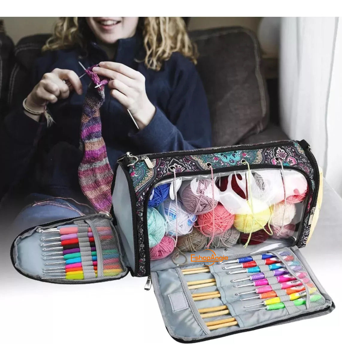 Bolso Organizado Almacenamiento Para Tejer – Diseño Floral Práctico
