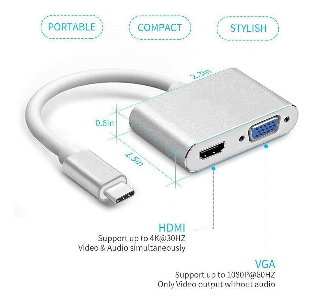 Adaptador USB Tipo C a HDMI y VGA – Conexión Versátil y de Alta Calidad